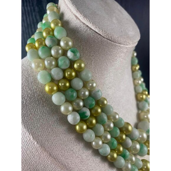 Vintage MCM 4 strands Beaded Necklace Multi-Strand Green Gold & Pearl-Like Beads - Picture 7 of 9